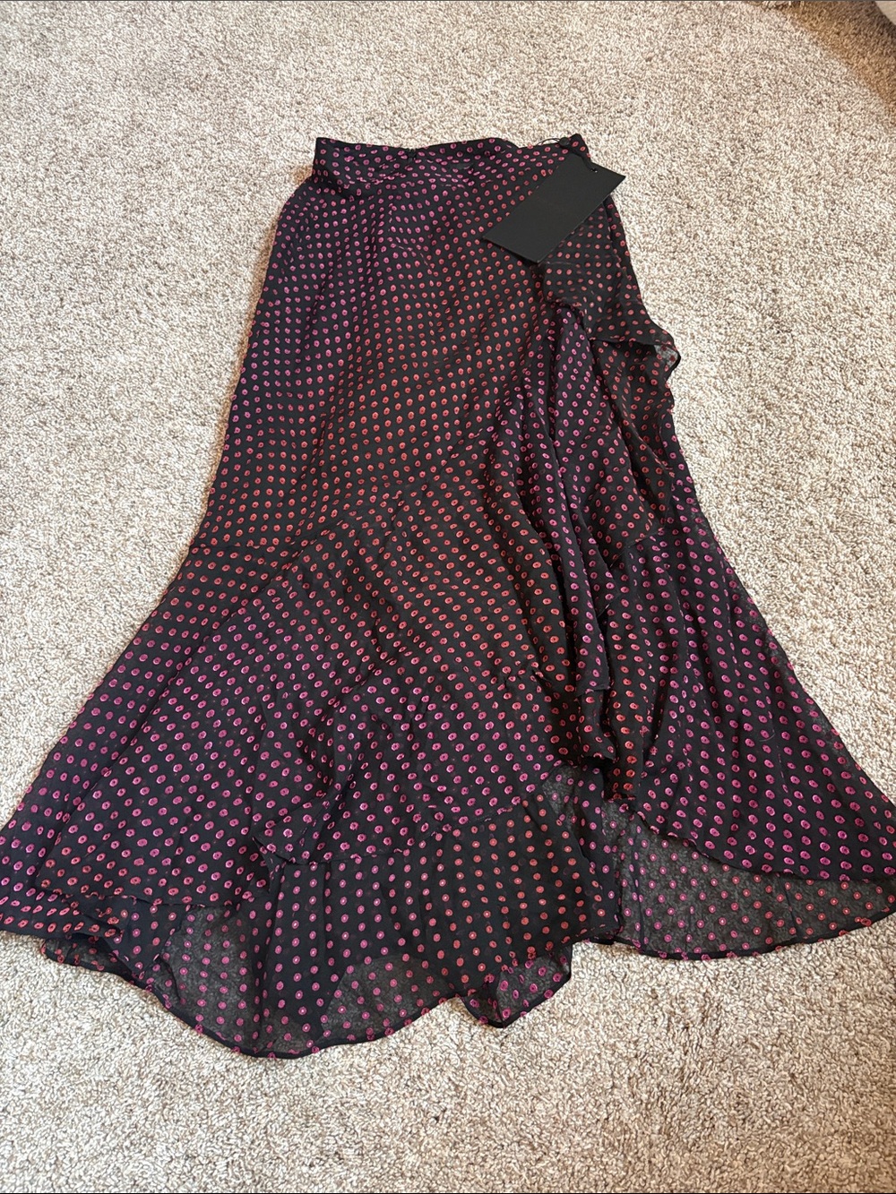 The Kooples Black Maxi Skirt with Pink Polka Dot Print